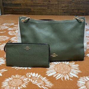 Coach Dark Olive, White, & Black Pebbled Leather Shoulder Bag with Wallet